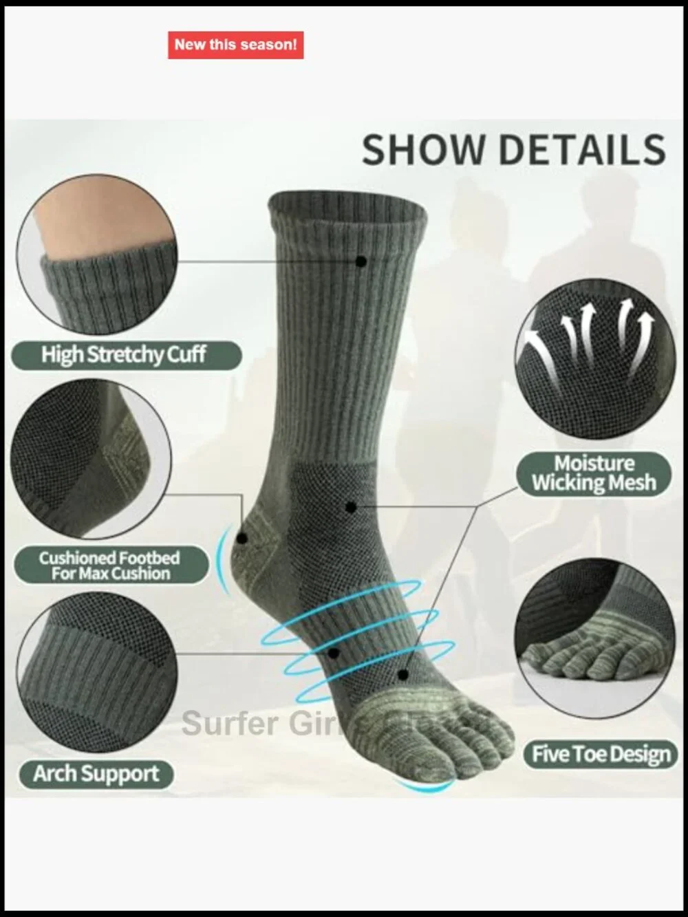 Merino Wool Toe Socks for Hiking Thermal Winter Boot Cushion Five Finger 3 Pairs